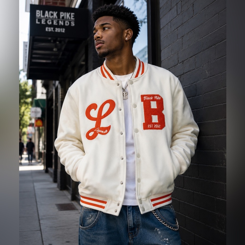 Black Pike Varsity Letterman Patch Jacket White Streetwear Old School Academia L